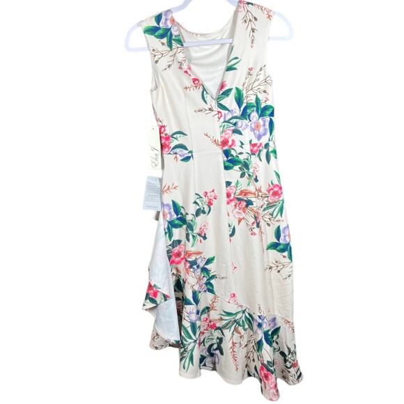NWT Eliza J Floral Cream Pink Green Ruffled Asymmetric-Hem Sheath Dress 0 - Picture 4 of 16